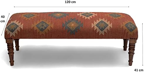 Acacia Wood Kilim Jute Fabric Upholstered Bench | Multi-Purpose Wooden Ottoma...