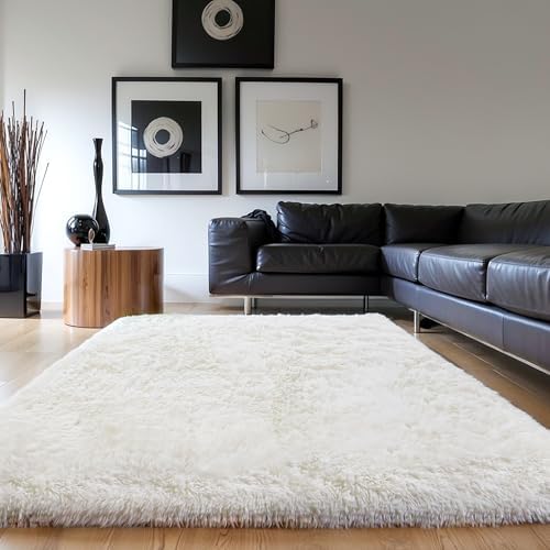 5x7 Thick Cream White Shag Rug for Girls Bedroom, Soft Plush Carpet