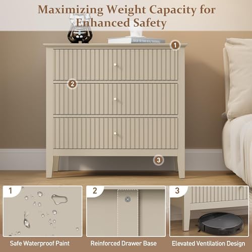 RoyalCraft Fluted 3 Drawer Dresser, 32" Wide Nightstand for Bedroom, Beige