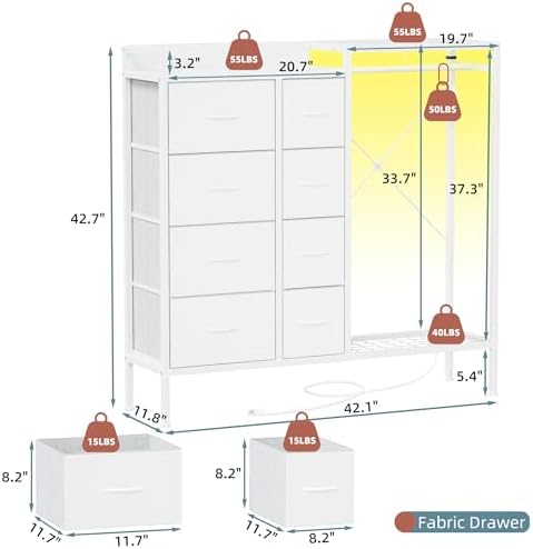 HIGDBFE 8-Drawer Dresser with Hanging Rack for Bedroom, White, 11.8" D