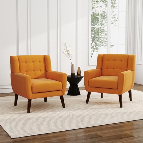 Accent Chairs Set of 2, Fabric Upholstered Armchair, Orange
