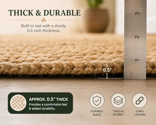 5 ft Round Handwoven 100% Natural Jute Area Rug, Reversible