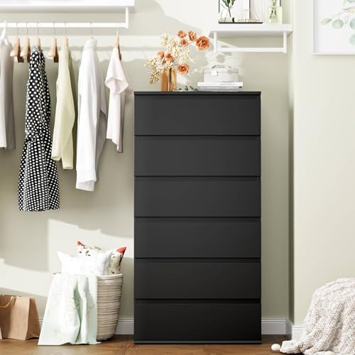 FOTOSOK Black Dresser, 6 Drawer Dresser with Handleless Drawer Cabinet