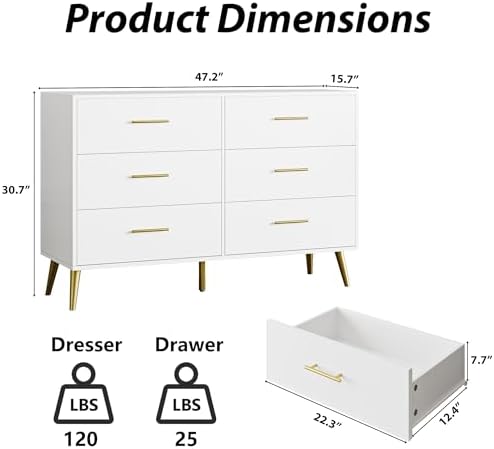 MAISONARIA 6 Drawer Dresser, White