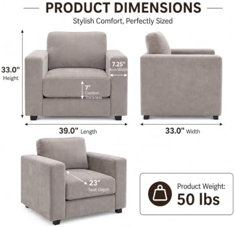 39" Oversized Accent Chair, Chenille Armchair, Brown