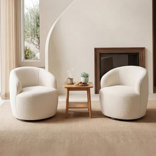 FOXHUNTER 360° Swivel Accent Chair, Barrel Chairs, Teddy Ivory