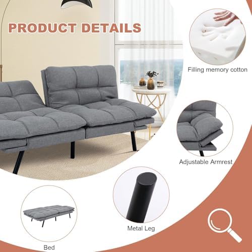MUUEGM Futon Sofa Bed,Memory Foam Modern Convertible Couch Bed,Folding Futon ...
