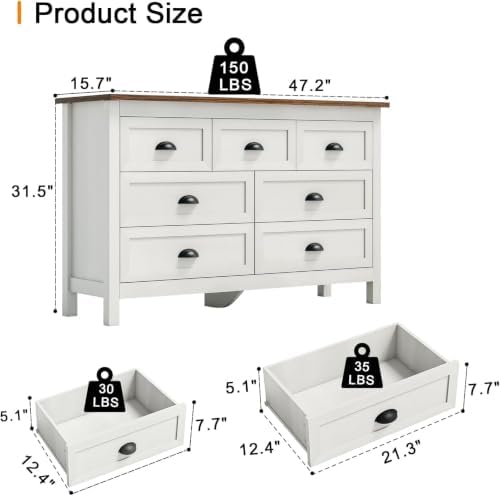 Antique White 7 Drawer Double Dresser & 2 Nightstands, 3 Pcs Bedroom Set