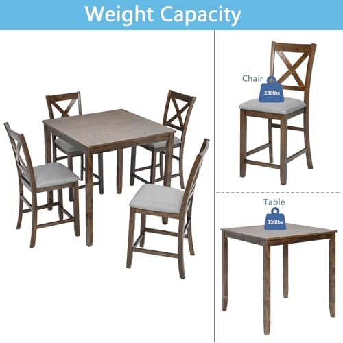 5 Piece Dining Table Set for 4, Solid Wood Square Dining Table Set, Counter H...