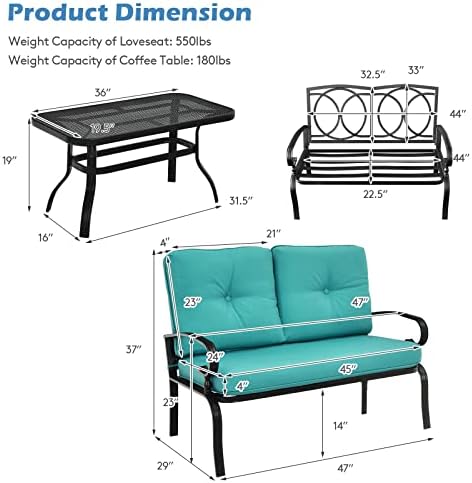 Giantex Patio Loveseat with Coffee Table Outdoor Bench with Cushion and Metal...