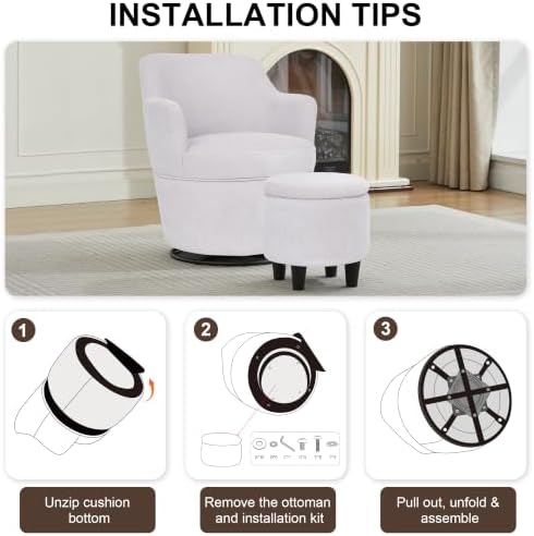 LOULENS 360° Swivel Accent Chair with Storage Ottoman, Reading Chair, Beige