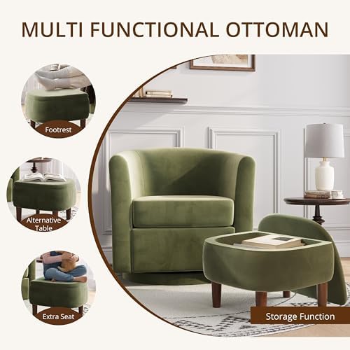 360° Swivel Accent Chair with Storage Ottoman | Small Modern Velvet Barrel Ch...
