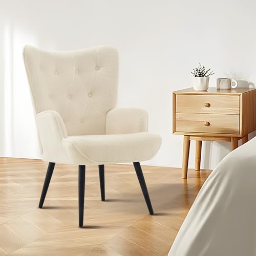 Furnimart Faux Fur White Accent Chair Mid Century Modern Living Room Chairs; ...