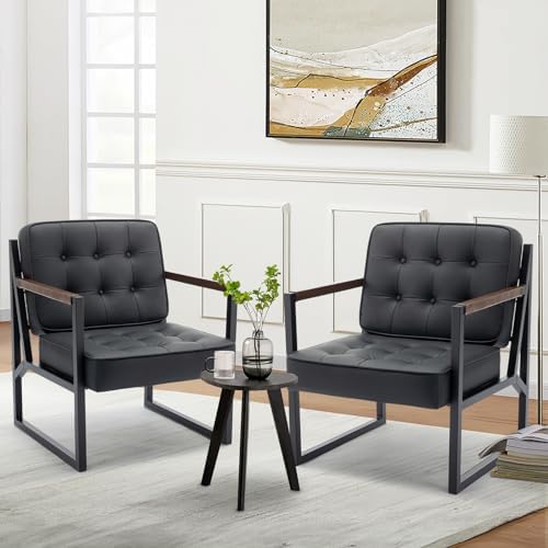 COLAMY Black Leather Accent Chair, Accent Arm Chair for Living Room, Comfy Ar...