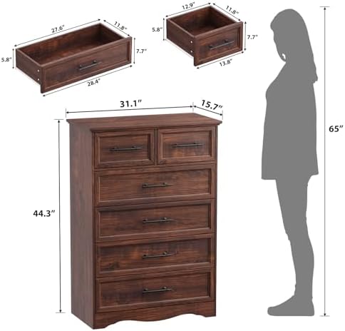 YANSNWO Walnut 6 Drawer Dresser for Bedroom, 44" Tall Chest of Drawers