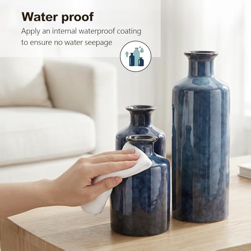 Blue Ceramic Vase Set - 3 Blue Small Vases, Farmhouse Country Flower Vase Hom...