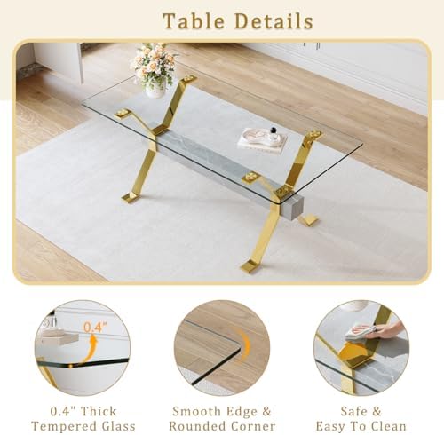 71" Glass Dining Table Set for 6|Modern Dining Table Set for 6 with Faux...