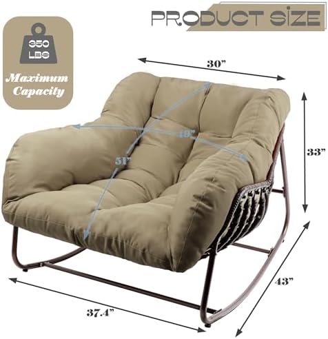 Outdoor Papasan Rocking Chair, Oversized Patio Rocking Chairs with Padded Cus...