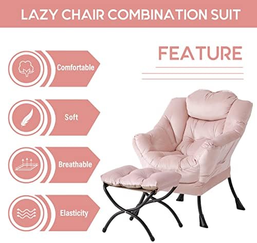 LITA Lazy Chair with Ottoman, Comfy Accent Reading Chair, Velvet Pink