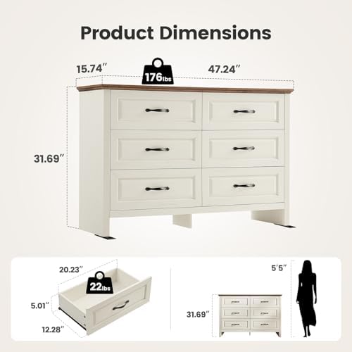 Amada Farmhouse 6 Drawer Dresser, Wood with Natural Texture, Brown & White