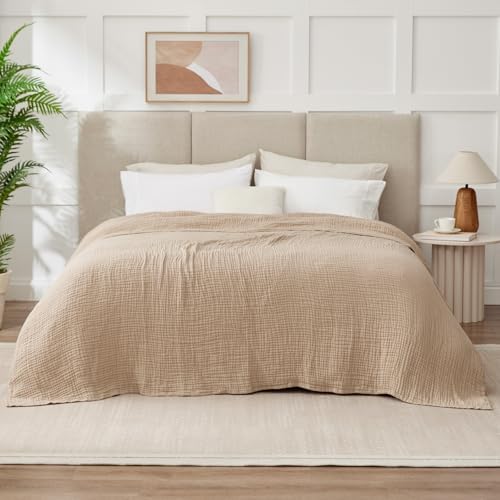 100% Cotton Muslin Blanket for Adults, 6-Layer, King, 108 x 90, Beige Linen