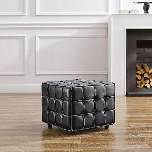 Art Leon Tufted Square Ottoman Leather Footstool Modern Foot Rest Black