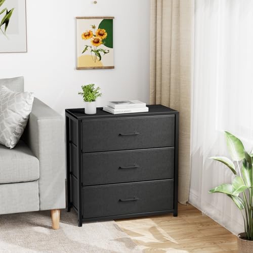 Memobarco Nightstand with 3 Fabric Drawers, Storage Dresser,Black