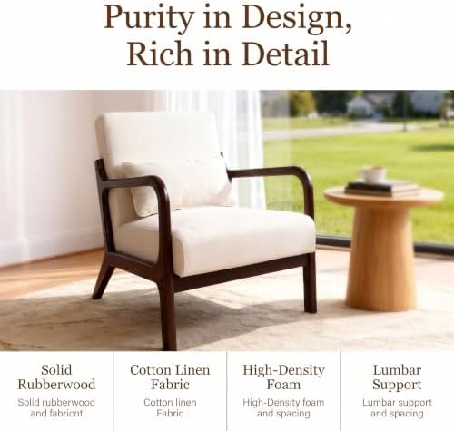 Komene Mid Century Modern Accent Armchair, Upholstered Armchair with Solid Wo...