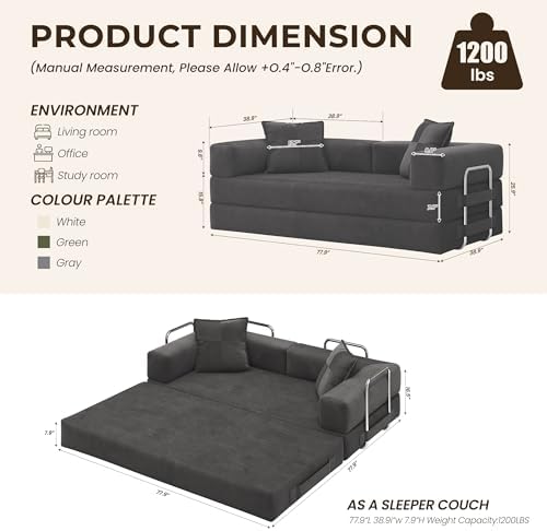 GRUSIGN 78" 5-in-1 Convertible Futon Sofa Bed, Boneless Corduroy, Gray