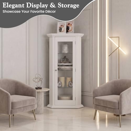 Kings Brand Corner Curio Display Cabinet w/Glass Door & Shelves, White