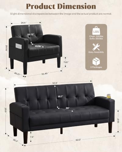 3 Piece Black Faux Leather Mid Century Modern Living Room Sofa Set
