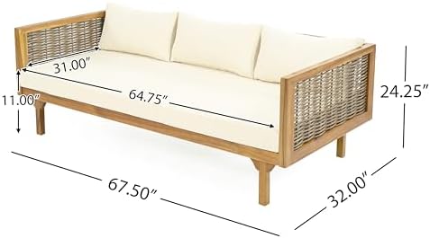 Merax 67.5" Outdoor Patio Daybed 3 Seater Sofa Bed,Acacia Wood Frame wit...