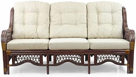 Malibu Lounge Three-Seater Sofa Natural Rattan Wicker Handmade Design (Cream ...