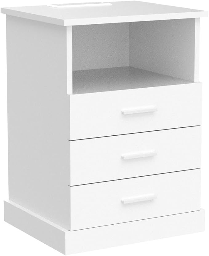 Nightstand with Charging Station, LED Lights Side Table with 3 Drawers, End T...