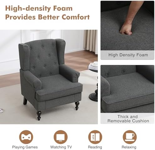 Accent Chair for Living Room, Mid Century Modern Upholstered Armchair, Wingba...