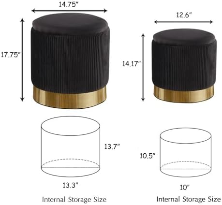 Round Ottoman with Storage Set of 2 Black Velvet Vanity Stool