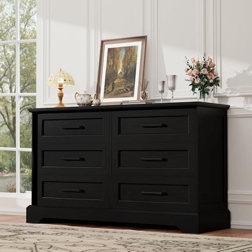 YESHOMY Dresser for Bedroom, Farmhouse 6 Drawers Dressers, Black