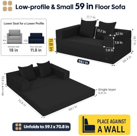 COMAX Boneless Futon Sofa Bed, 59" Small Low-Profile Floor Couch, Black