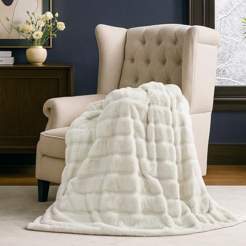 Cozy Bliss Deluxe Sheared Rabbit Faux Fur Throw Blanket, Soft Fuzzy High-Low ...