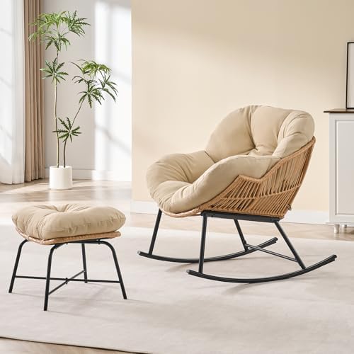 ONBRILL Papasan Rocking Chair with Ottoman, Oversized Papasan Chair, Beige