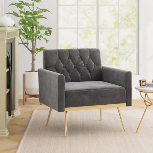 Giantex Modern Velvet Accent Chair, Upholstered Single Sofa Chair (Grey)