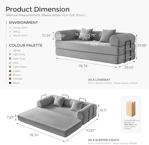 79" Convertible Futon Sofa Bed,Boneless Couch for Living Room | Light Gray