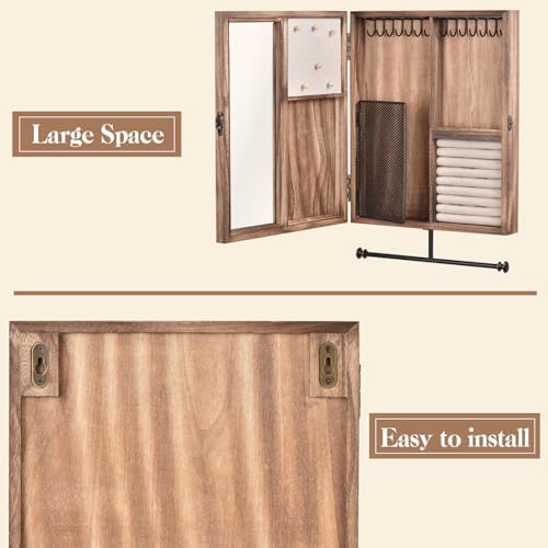 Keebofly Wall Mounted Jewelry Organizer Box Rustic Wood Large Space Jewelry C...