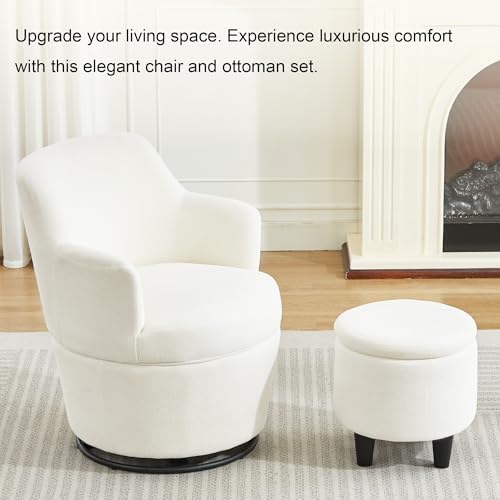LOULENS 360° Swivel Accent Chair with Storage Ottoman, Reading Chair, Beige