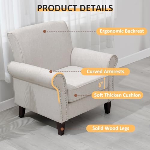 PrimeZone Comfy Accent Chair, Mid-Century Modern Living Room Chair, Beige