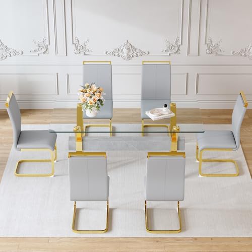 71" Glass Dining Table Set for 6|Modern Dining Table Set for 6 with Faux...