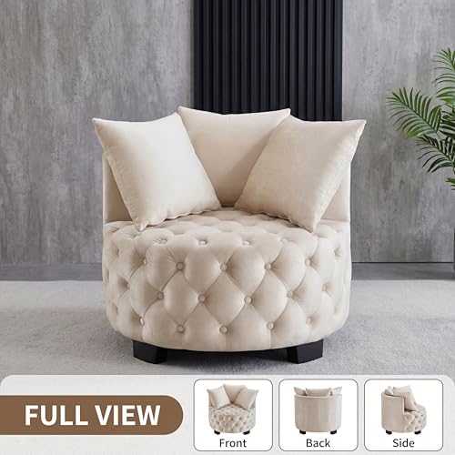 Modern Velvet Round Accent Armchair - 31.25''W Upholstered Button Tuf...