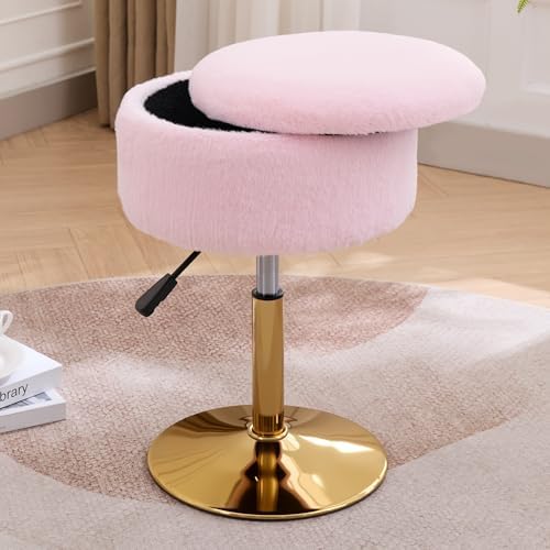 Pink Swivel Vanity Stool With Storage Vanity Chair Gold Base Ottoman