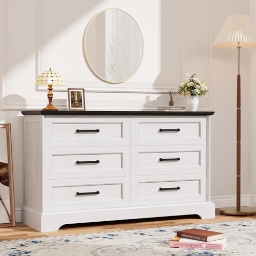 YESHOMY Dresser for Bedroom, Farmhouse 6 Drawers Dressers, White and Black