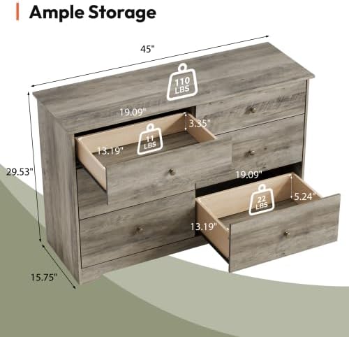 VINGLI Grey Dresser 6 Drawer Gray Dresser for Bedroom, 45"W Rustic Grey
